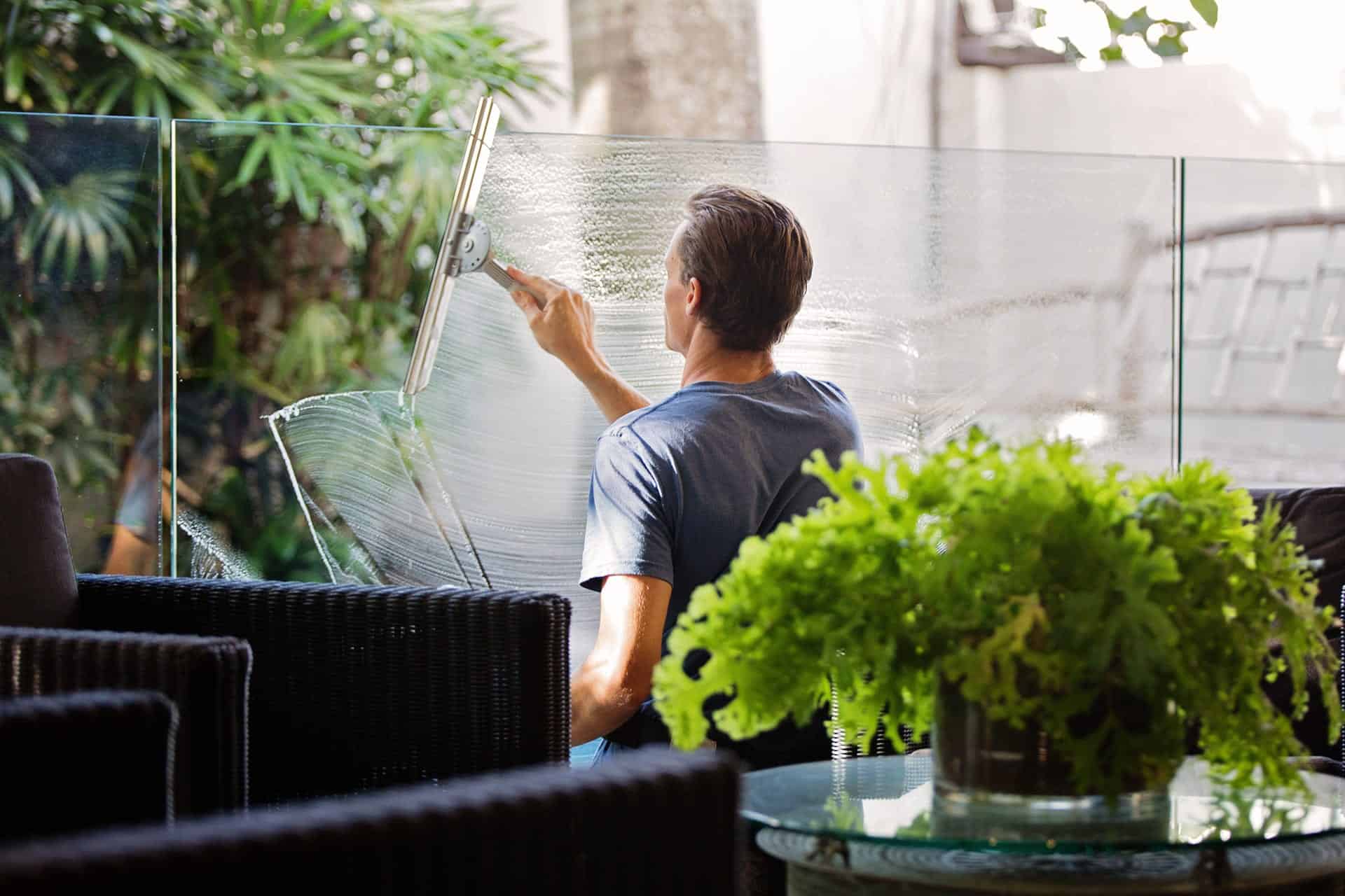 Image of a man squeegeeing a window in a room with plants